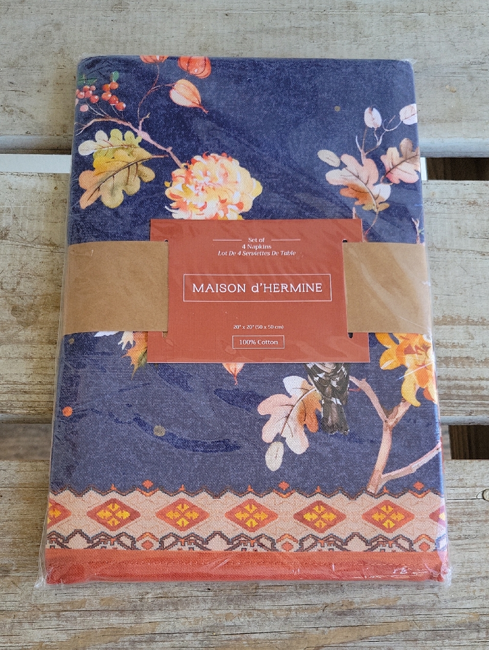Floral Cotton Napkin Set in Navy Blue Maison d' Hermine French